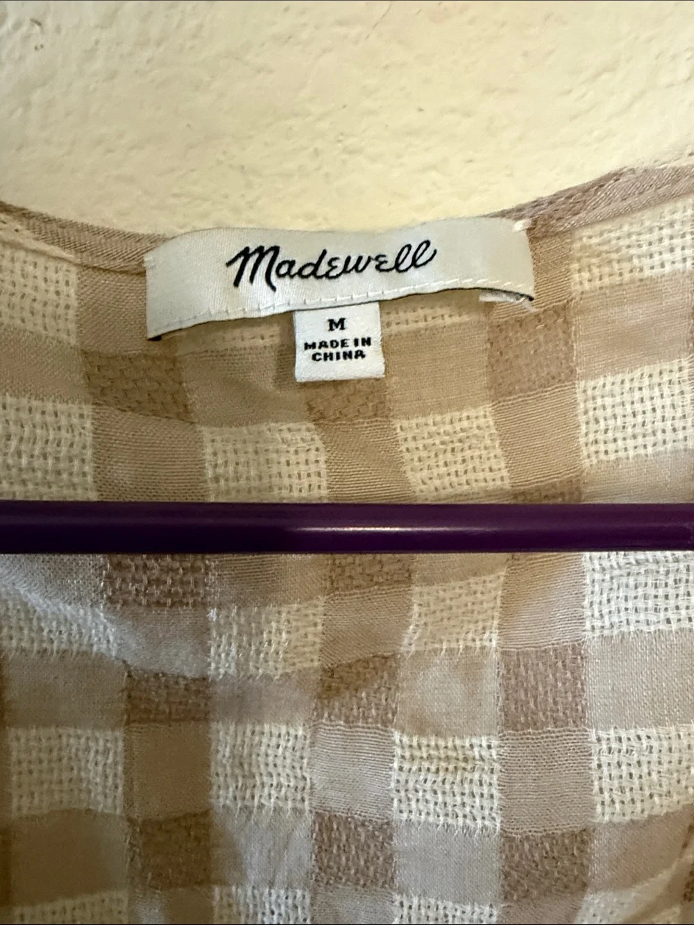 Madewell Beige Gingham Wrap Blouse with Short Puff Sleeves